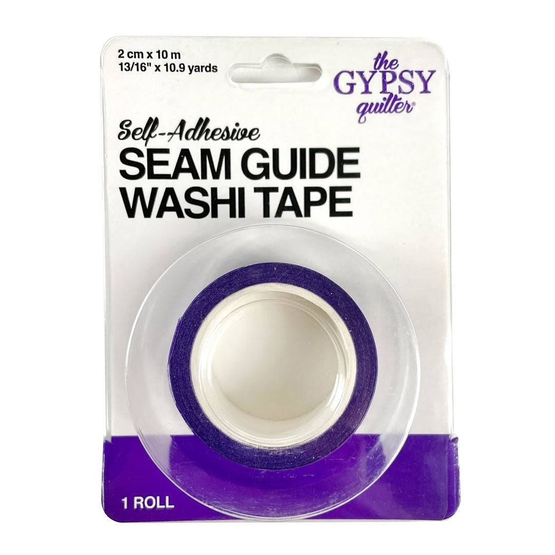 Purple washi tape roll in clear plastic packaging labeled "Self-Adhesive Seam Guide Washi Tape" by The Gypsy Quilter.
