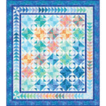 Colorful batik quilt with geometric star pattern in blues, teals, oranges and pinks with triangular border design.