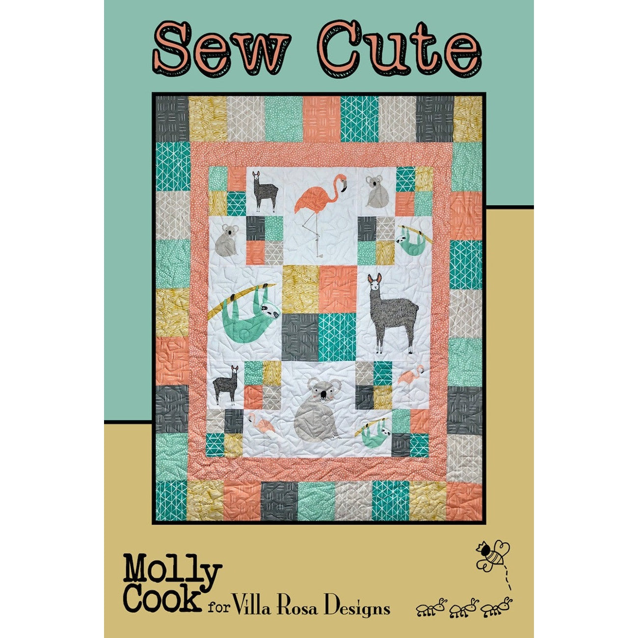A colorful quilt pattern featuring cute animals like llamas, koalas, sloths and flamingos arranged in patchwork squares with coral, teal, and yellow fabric blocks.