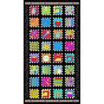 Colorful quilting panel featuring 32 sewing-themed squares with scissors, thread, buttons, and sewing machines on black background with checkered borders.