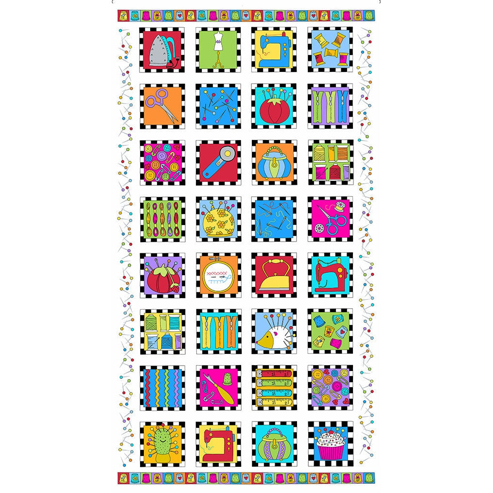 Colorful quilting panel featuring 32 sewing-themed squares with checkered borders, displaying items like scissors, thread spools, sewing machines, and notions in bright blues, reds, greens, and yellows.