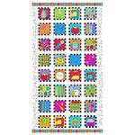 Colorful quilting panel featuring 32 sewing-themed squares with checkered borders, displaying items like scissors, thread spools, sewing machines, and notions in bright blues, reds, greens, and yellows.