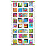 Colorful quilting panel featuring 32 sewing-themed squares with checkered borders, displaying items like scissors, thread spools, sewing machines, and notions in bright blues, reds, greens, and yellows.
