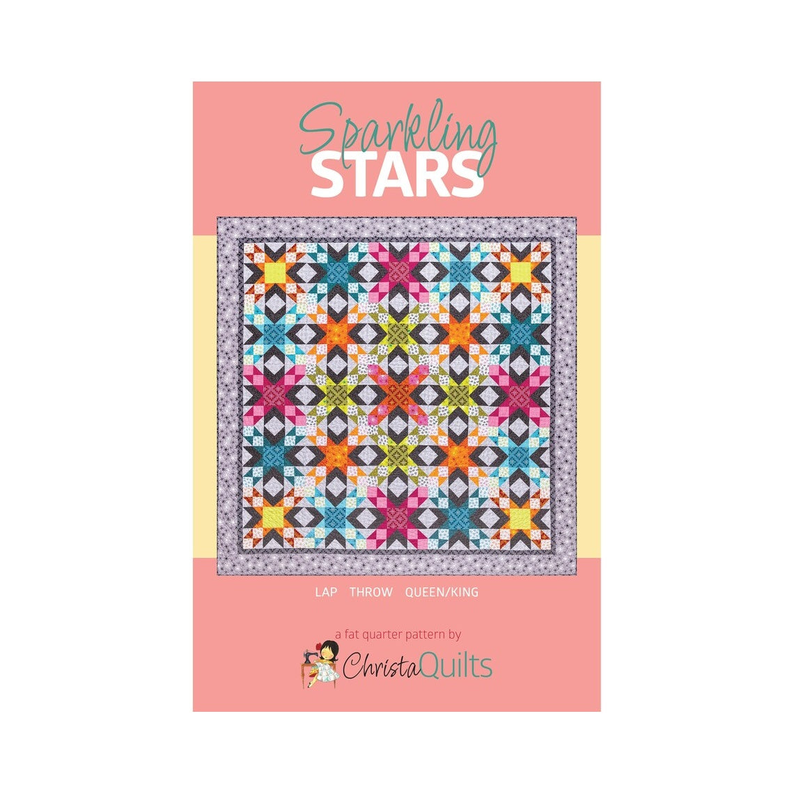 A colorful star quilt pattern featuring vibrant geometric stars in pink, teal, yellow, and orange arranged in rows on a gray border.