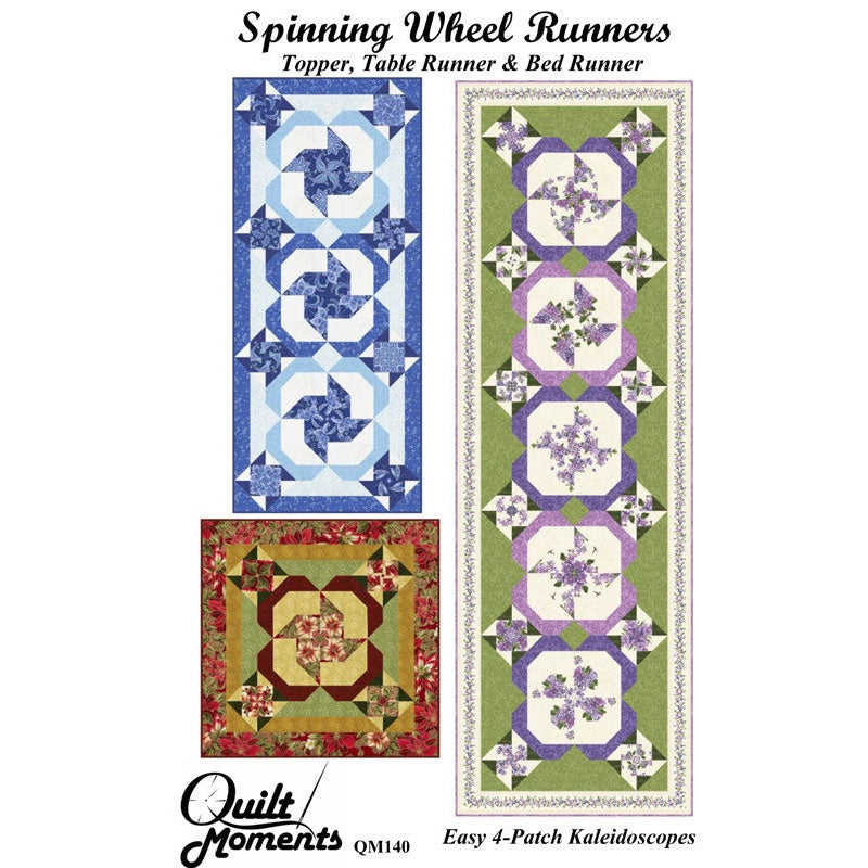Quilt pattern showing three spinning wheel designs in blue, purple floral, and autumn colors as table runners and toppers.