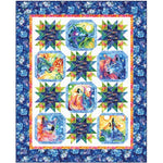 Colorful quilt featuring wolf-themed panels surrounded by star blocks in blues, greens, and oranges with a floral blue border.