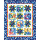 Colorful quilt featuring wolf-themed panels surrounded by star blocks in blues, greens, and oranges with a floral blue border.
