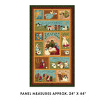 Christmas-themed fabric panel featuring nativity scenes, shepherds, and holiday motifs in warm colors with green border, measuring 24" x 44".