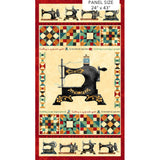 Quilting fabric panel featuring vintage sewing machines and colorful geometric quilt blocks in red, blue, and gold tones.