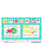 Turquoise fabric panel featuring watermelon and lemonade designs with colorful fruit-themed placemat and coaster patterns.