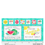Turquoise fabric panel featuring watermelon and lemonade designs with colorful fruit-themed placemat and coaster patterns.