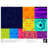 A sewing pattern layout featuring a rooster outline on navy fabric alongside colorful patchwork squares in bright orange, purple, yellow, green, blue and pink patterns.