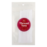 A pack of YLI Thread Nets, white, lightweight nets designed to control thread unwinding, displayed in front of a red circular label with text.