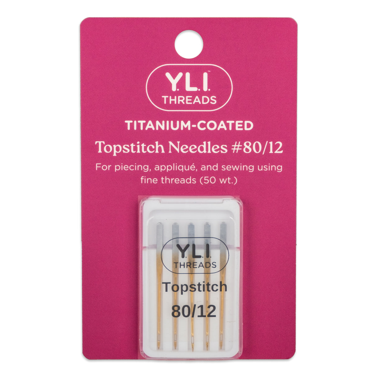 Packaging of YLI Threads titanium-coated topstitch needles, size #80/12, displayed on a pink background with the product information printed on it.