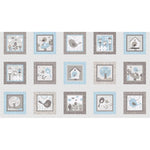 Gray and blue fabric panel featuring 15 squares with cute bird, birdhouse, and tree designs in soft pastel colors.
