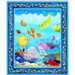 Colorful underwater-themed quilt panel featuring cartoon sea creatures like fish, octopus, and crab on blue background with decorative fish border.