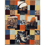 A colorful patchwork quilt featuring four National Parks panels (Arches, Bryce Canyon, Capitol Reef, and Zion) surrounded by geometric fabric squares in earth tones of orange, blue, brown, and cream.