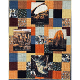 A colorful patchwork quilt featuring four National Parks panels (Arches, Bryce Canyon, Capitol Reef, and Zion) surrounded by geometric fabric squares in earth tones of orange, blue, brown, and cream.