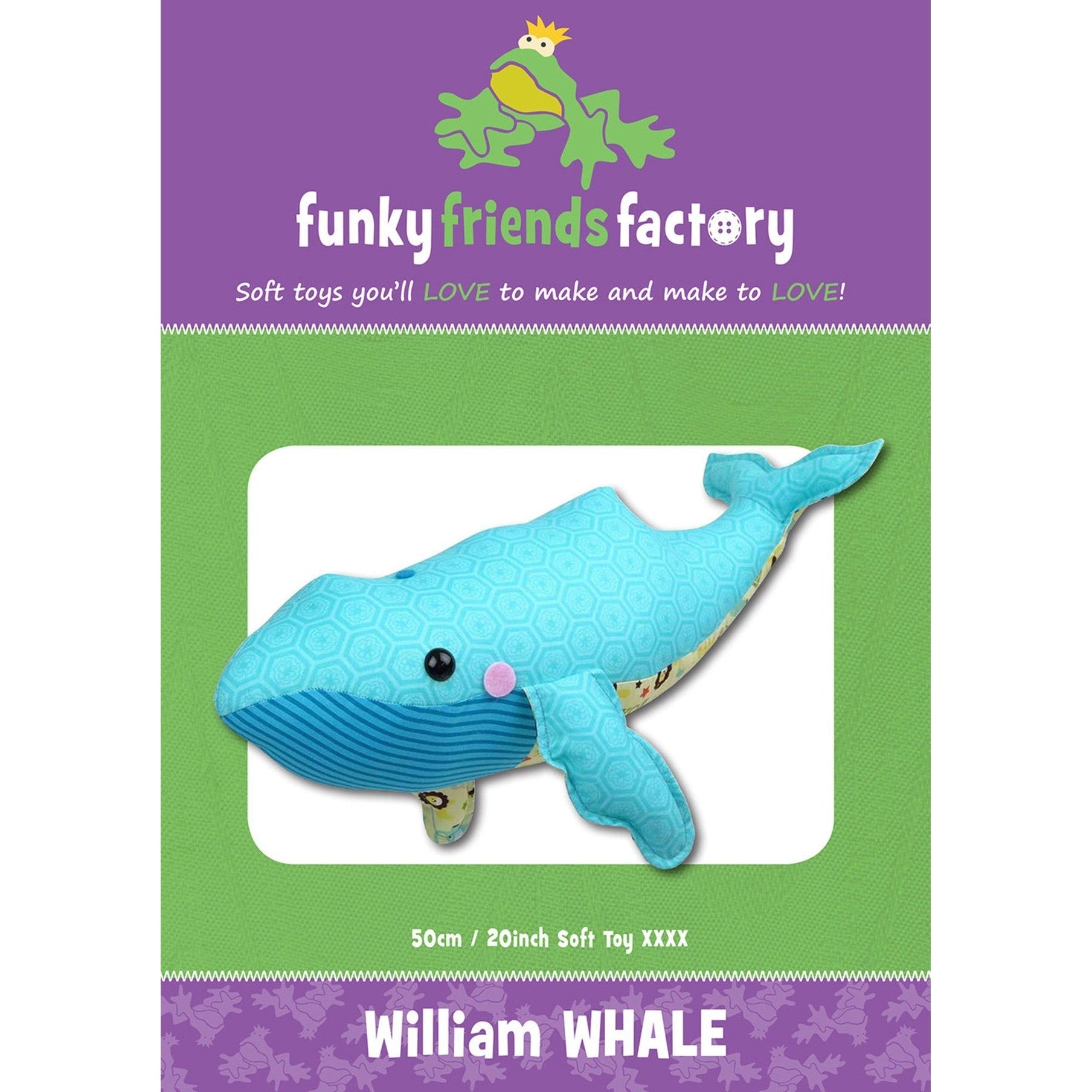 A blue whale stuffed animal sewing pattern with teal fabric featuring circular patterns and striped accent details on the belly.