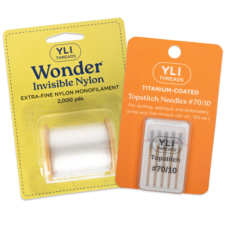 YLI Threads Wonder Invisible Nylon and Titanium-Coated Topstitch Needles packaging on a white background