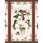 Christmas fabric panel featuring snowmen family with woodland animals, red cardinal, and deer in winter scene with red dotted border.
