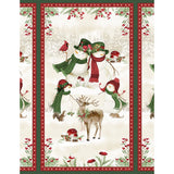 Christmas fabric panel featuring snowmen family with woodland animals, red cardinal, and deer in winter scene with red dotted border.