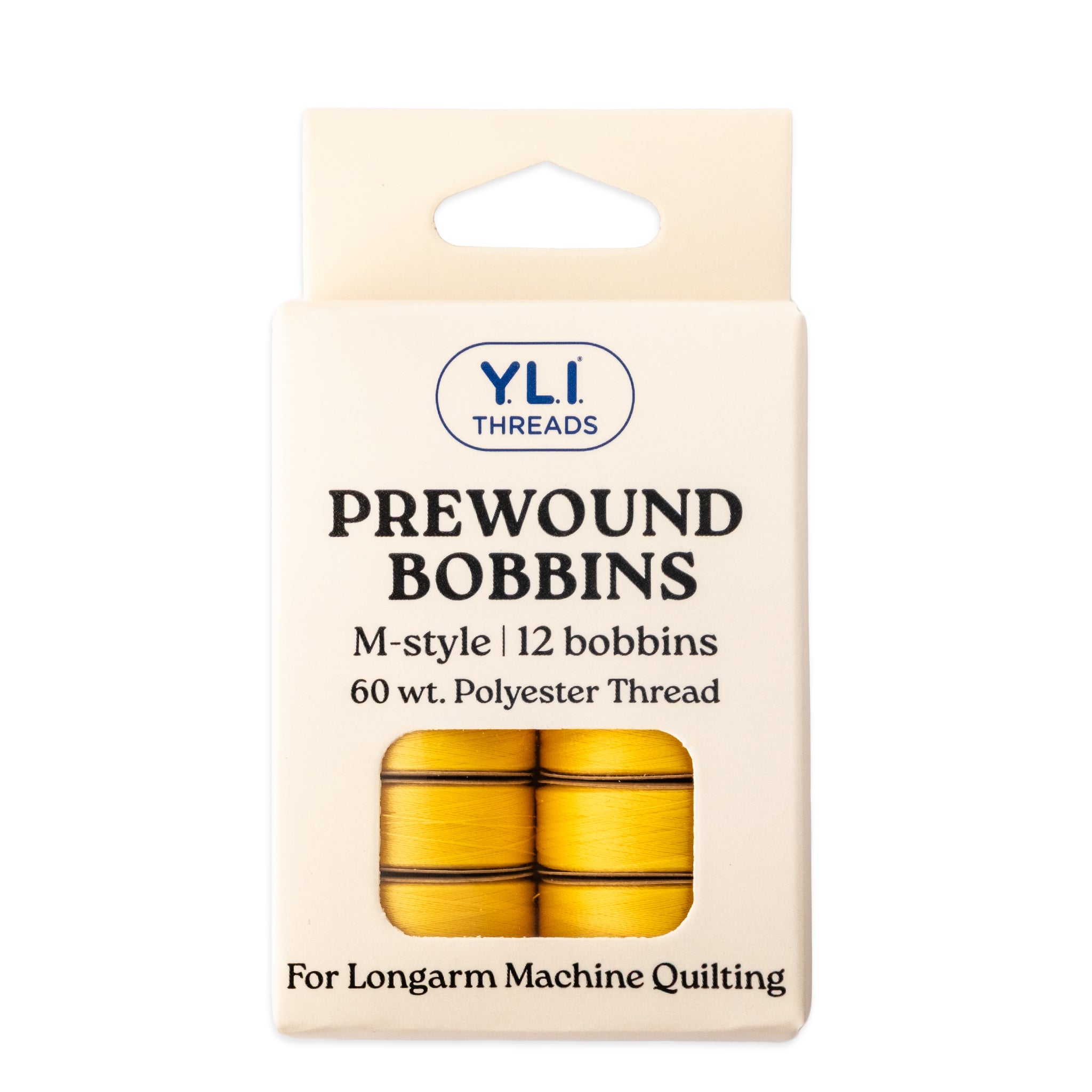 Yellow M-style prewound bobbins for longarm quilting