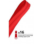 Red zipper tape with matching zipper pulls, includes 16 extra-large handbag zipper pulls