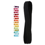 Black zipper by the yard with colorful zipper pulls in purple, pink, red, orange, yellow, green, and blue arranged alongside.