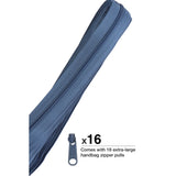 Blue zipper tape with matching zipper pulls, showing the continuous zipper material and 16 included extra-large handbag zipper pulls.