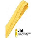 Yellow zipper by the yard with 16 extra-large handbag zipper pulls in dandelion color.