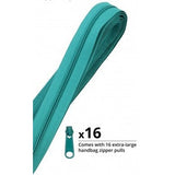 Emerald green zipper by the yard with matching tape, coiled in a roll and accompanied by 16 extra-large zipper pulls.