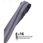 Gray gunmetal zipper by the yard with 16 matching zipper pulls included.