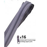 Gray gunmetal zipper by the yard with 16 matching zipper pulls included.