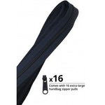 Navy blue zipper by the yard with black zipper tape and 16 matching zipper pulls included.