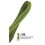 Green zipper tape with 16 matching olive-colored zipper pulls for crafting and sewing projects.
