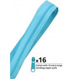 Blue zipper by the yard with 16 matching zipper pulls in parrot blue color.