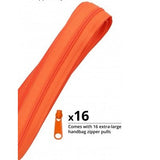 Orange zipper by the yard with 16 matching zipper pulls displayed alongside