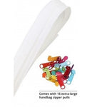 White zipper tape with colorful zipper pulls in various bright colors including red, blue, green, orange, and pink.
