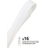 White zipper by the yard with 16 extra-large handbag zipper pulls included