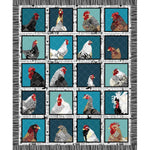 Fabric panel featuring 20 squares with colorful roosters and chickens on teal backgrounds, framed by black and white striped borders.
